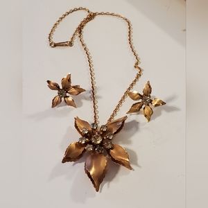 Vintage gold set earrings & necklace Brooch B.N. bugbee & Niles flower crystals